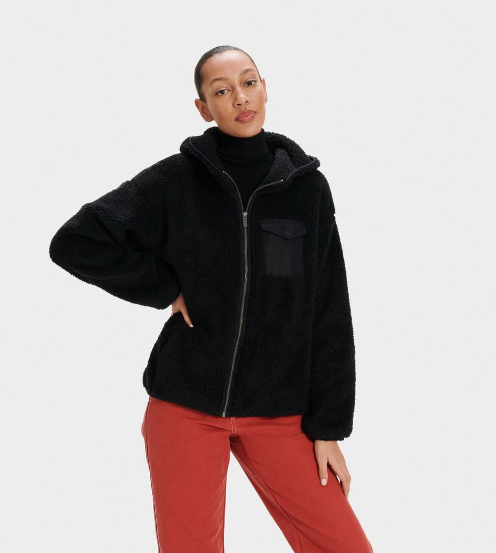 Ugg Hoodie Womens - Ugg Kadence Sherpa Black - 168JUQTLX